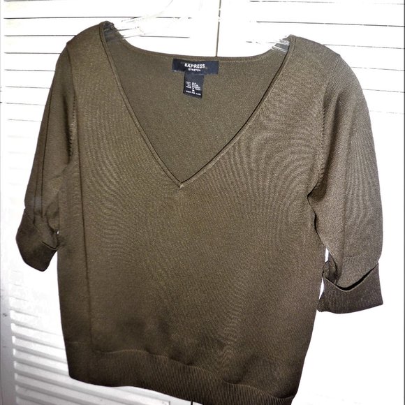 Express Olive Green SILK short Sleeve Sweater top - Picture 3 of 6